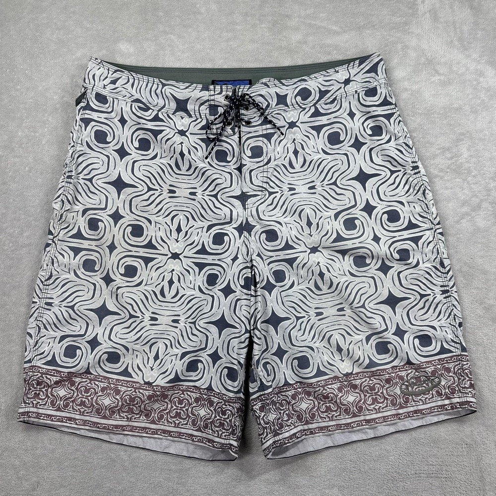 Patagonia Pataloha Board Shorts Mens 35 Grey Tribal Swirl Swim Trunks Surf 9"